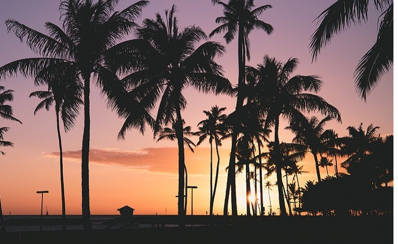 beautiful sunset at Waikiki Beach just a short walk from the Alohilani Resort Hotel