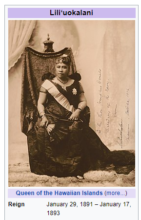 Queen Lili'uokalani the first and only female regnant and soveriegn monarch of the Hawaiian Kingdom.  the Alohilani resort was dedicated to her