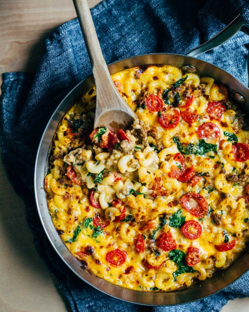 mac and cheese adult style with veggies and wine for all seasons